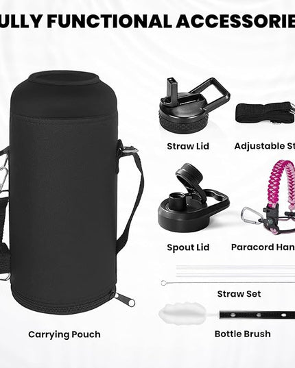 Insulated Water Bottle 87 oz, Triple Wall Vacuum Stainless Steel (Cold for 48 Hrs), Leak Proof & Non-BPA, Modern Water Flask Jug with Paracord Handle & Straw Spout Lids, Ombre Pink