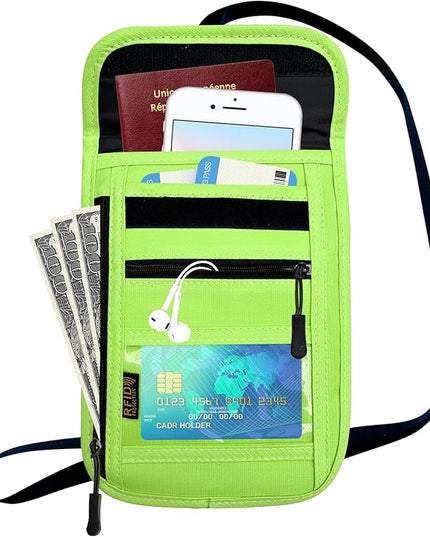 RFID Blocking Travel Neck Wallet Pouch and Passport Holder, Travel Neck Pouch Passport Holder for Women & Men - Green