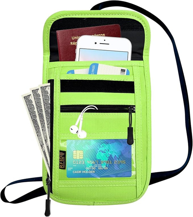 RFID Blocking Travel Neck Wallet Pouch and Passport Holder, Travel Neck Pouch Passport Holder for Women & Men - Green