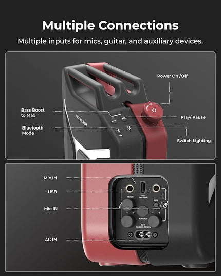 ULTIMEA Go Portable Party Speaker, 300W Wireless PartyBox with Bass Boost, RGB Light, TWS Stereo, Auracast Mode, Mic/Guitar Input, APP Control, Large Bluetooth Speaker for Party Outdoor (Black+Red)