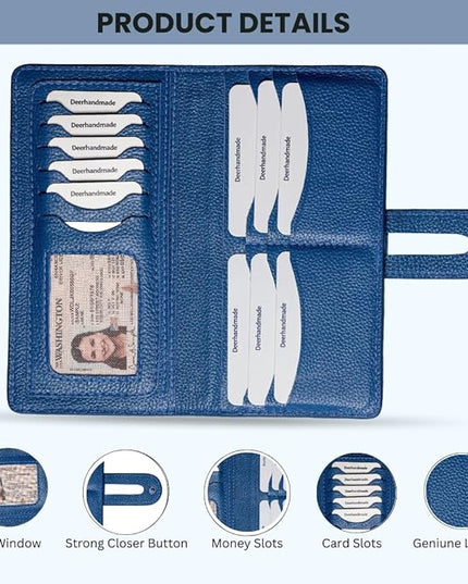DEERHANDMADE womens wallet (Holds 15-18 Cards, 4 Flat Pockets, 1 ID Windows) Genuine Leather clutch purses for women | Slim long wallets for women | rfid blocking wallet (blue wallets for women)