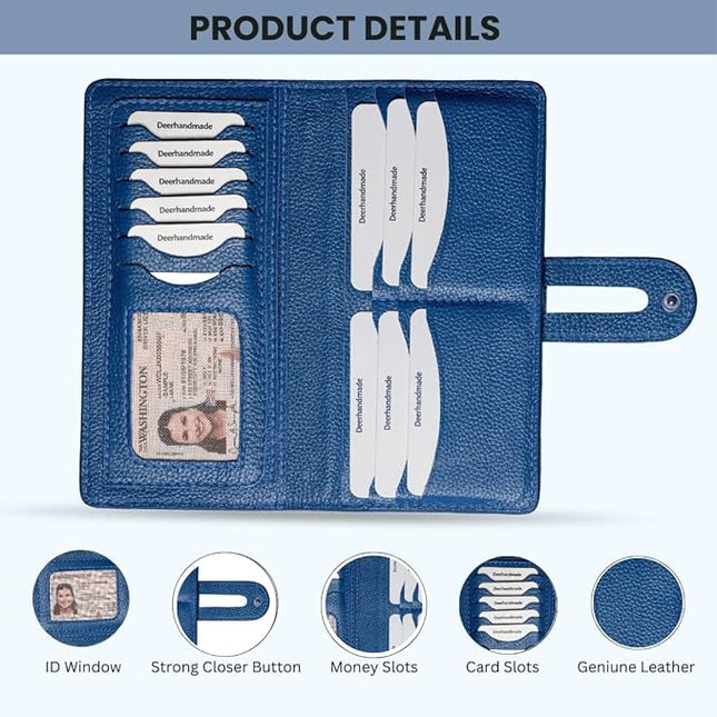 DEERHANDMADE womens wallet (Holds 15-18 Cards, 4 Flat Pockets, 1 ID Windows) Genuine Leather clutch purses for women | Slim long wallets for women | rfid blocking wallet (blue wallets for women)