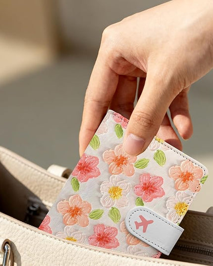 Passport Holder, Travel Wallet Cover with Pen Loop | Cute RFID Blocking Leather Case with Magnetic Closure for Travel Essentials-Flower