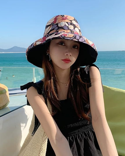 HUAMULAN Women Summer Sun Hat Wide Brim Wired Edge Floral Beach Bucket Hats Reversible Foldable Travel UV Protection Lady Hat