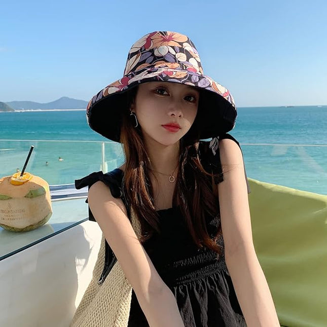 HUAMULAN Women Summer Sun Hat Wide Brim Wired Edge Floral Beach Bucket Hats Reversible Foldable Travel UV Protection Lady Hat