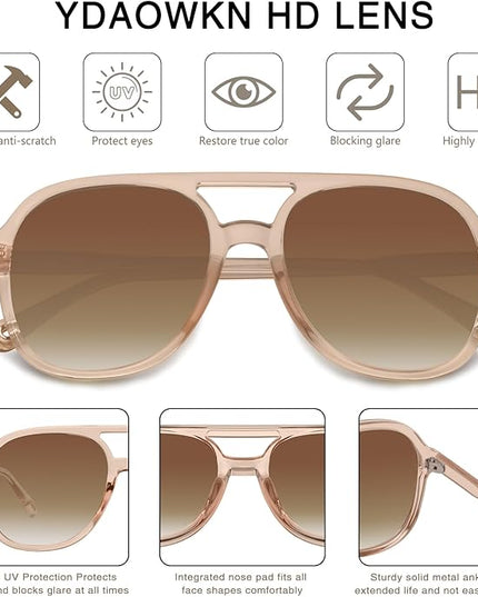 YDAOWKN Retro Square Aviator Sunglasses for Womens Mens Vintage 70s Double Bridge Sun Glasses
