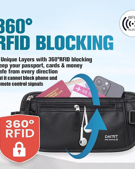 PU Leather Money Belt - Passport Holder Secure Hidden Travel Wallet with RFID Blocking, Undercover Fanny Pack(Black)