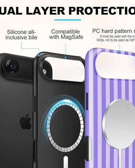 Magnetic for iPhone 17 Air Case Cute Stripes Phone Case, Shockproof Slim TPU and Hard PC Protective Phone Cover Compatible with MagSafe Designed for Women Girls, Light Purple
