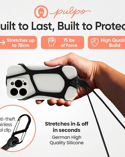 Pulpo Safety Cell Phone Lanyard Black Fits Smartphones 6.1" to 6.8” - Anti Theft Phone Strap for Men & Women, Lanyards for Phones, Hiking Phone Holder & Cellphone Lanyard, Silicone Crossbody Straps