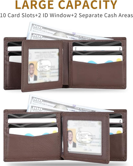 LATKWO Mens Wallet - Genuine Leather Bifold RFID Blocking Slim Front Pocket Large Capacity with 10 Card Slots, 2 ID Windows & 2 Cash Pockets - Heavy Duty Stitched Gift for Men (Brown)