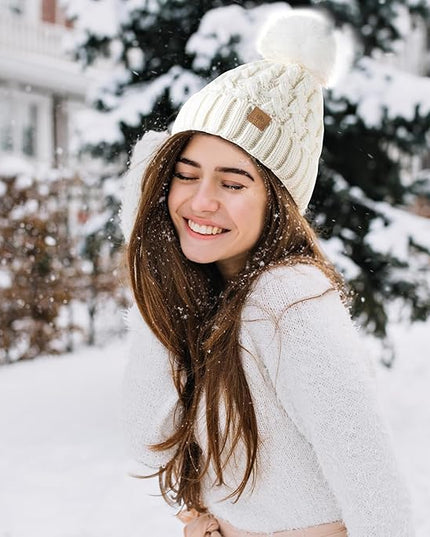 PAGE ONE Womens Winter Ribbed Beanie Crossed Cap Chunky Cable Knit Pompom Soft Warm Hat