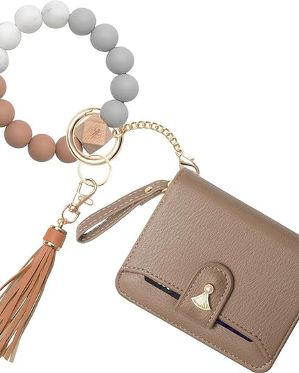 Multi-Purpose Wallet High Capacity Card Holder Zipper Coin Purse with Wristlet Bracelet Keychain Silicone Beaded Bangle Key Ring