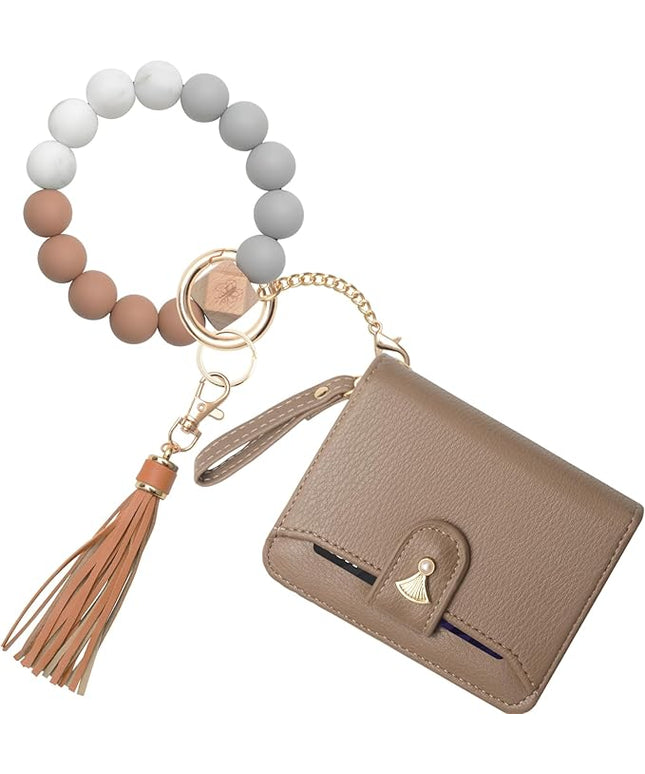 Multi-Purpose Wallet High Capacity Card Holder Zipper Coin Purse with Wristlet Bracelet Keychain Silicone Beaded Bangle Key Ring
