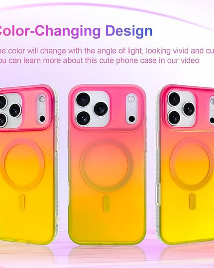 Aesthetic Case for iPhone 17 Pro Max Case for Women Girls [Compatible with Magsafe] Cute Girly Trendy Glitter Sparkly Rainbow Magnetic Protective Phone Cover, Matte Iridescent Red & Yellow
