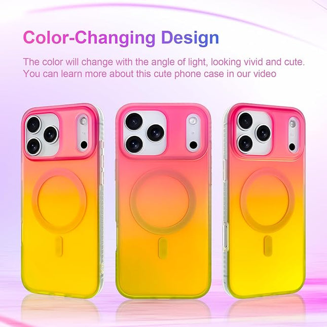 Aesthetic Case for iPhone 17 Pro Max Case for Women Girls [Compatible with Magsafe] Cute Girly Trendy Glitter Sparkly Rainbow Magnetic Protective Phone Cover, Matte Iridescent Red & Yellow