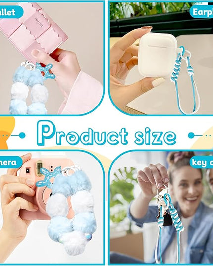 2 Pcs Phone Charm Wrist Strap with Tether Tab, Double Anti Lost Fluff Ball Beaded Wrist Lanyard, Detachable Leather Phone Charms for Bag, Key Chains, Camera Decor