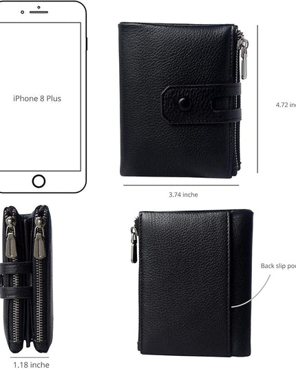 Bveyzi Small Soft Leather Wallet for Women RFID Blocking Ladies Card Holder with Double Zipper Pocket