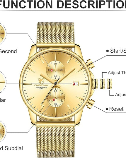 GOLDEN HOUR Mens Watch Fashion Sleek Minimalist Quartz Analog Mesh Stainless Steel Waterproof Chronograph Watches for Men with Auto Date