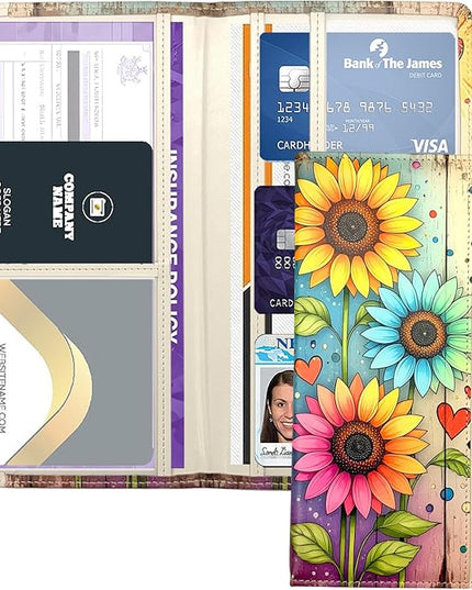 Car Registration and Insurance Holder with Magnetic Closure, Universal Document Organizer for License, Insurance Cards & Glove Box Storage (Sunflower-Colorful)