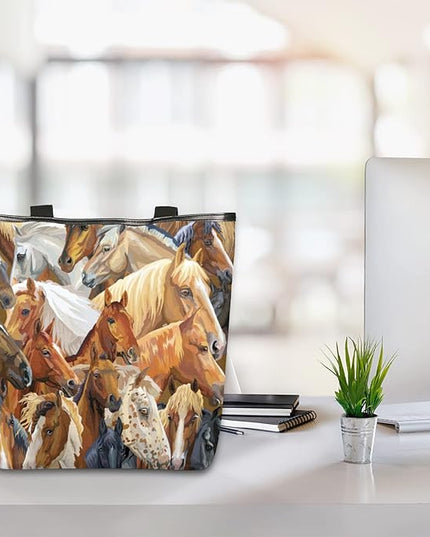 Pardick Watercolor Horse Print Canvas Tote Bag, Eco Friendly Reusable Grocery Shopping Bags Beach Bag Book Tote Handbags Washable Shoulder Bag With Zipper Inner Pocket for Women Girls