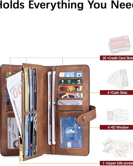 BOSTANTEN Womens Leather Wallets RFID Blocking Large Capacity Trifold Card Holder Ladies Phone Clutch Grey Brown