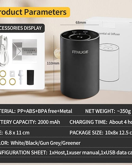 Waterless Essential Oil Diffuser, Premium Aluminum Alloy, Battery Operated Portable Nebulizer, 20mL Empty Bottle, 3 Mist Levels & 3 Countdown Timers for Home, Car, Office - White(E200W)
