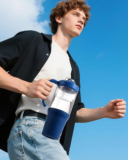 32oz Glass Water Bottle, 2-in-1 Straw and Sip Spout Lid, Leakproof Wide Mouth Tumbler with Handle, BPA-Free Reusable Bottle for Sports, Office, Outdoor, DBlue