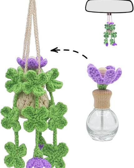 Handmade Crochet Hanging Car Air Freshener - Lucky 4-Leaf Clover Charm with 12ml Refillable Glass Essential Oil Diffuser Bottle, St. Patrick's Day Car Accessories & Bedroom Lucky Decor