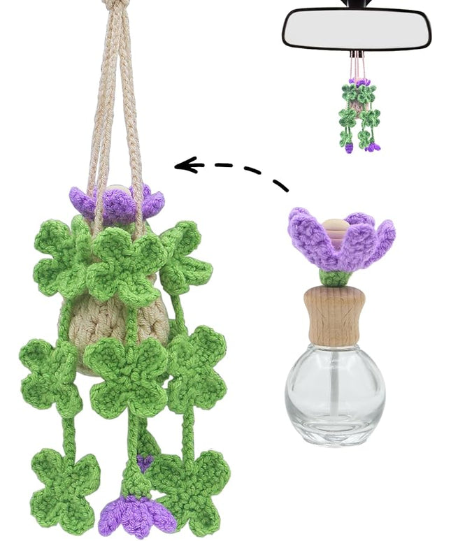 Handmade Crochet Hanging Car Air Freshener - Lucky 4-Leaf Clover Charm with 12ml Refillable Glass Essential Oil Diffuser Bottle, St. Patrick's Day Car Accessories & Bedroom Lucky Decor