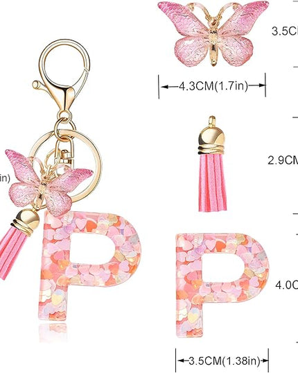 Fashion Alphabet Initial Letter Keychain Tassel Butterfly Pendant Key Ring for Purse Handbags Women Girl
