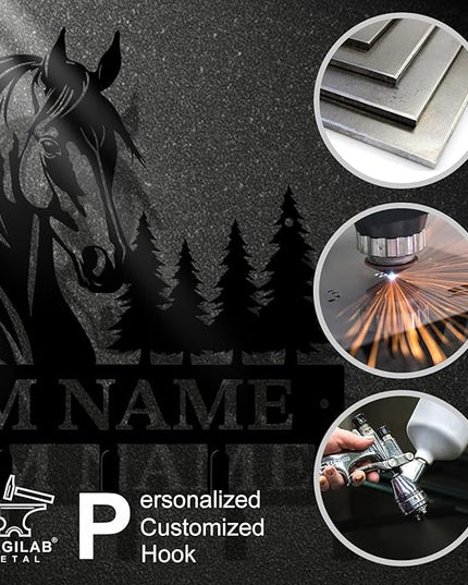 Personalized Custom Name Farm Horse Wall Key Hooks,Metal Horse Art Clothes Hooks,Metal Horse Wall Home Storage Decorative,For Front Door, Hallway, Kitchen, Bedroom,Keys,Hats (Style B)