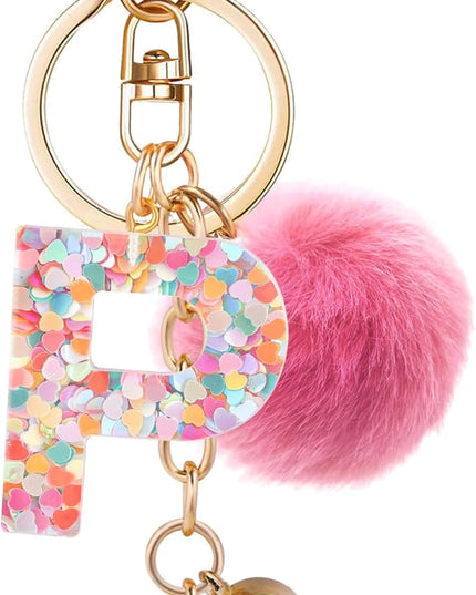 Resin Alphabet Initial Letter Keychain Keyring for Women Purse Handbags With Fur Ball Pom