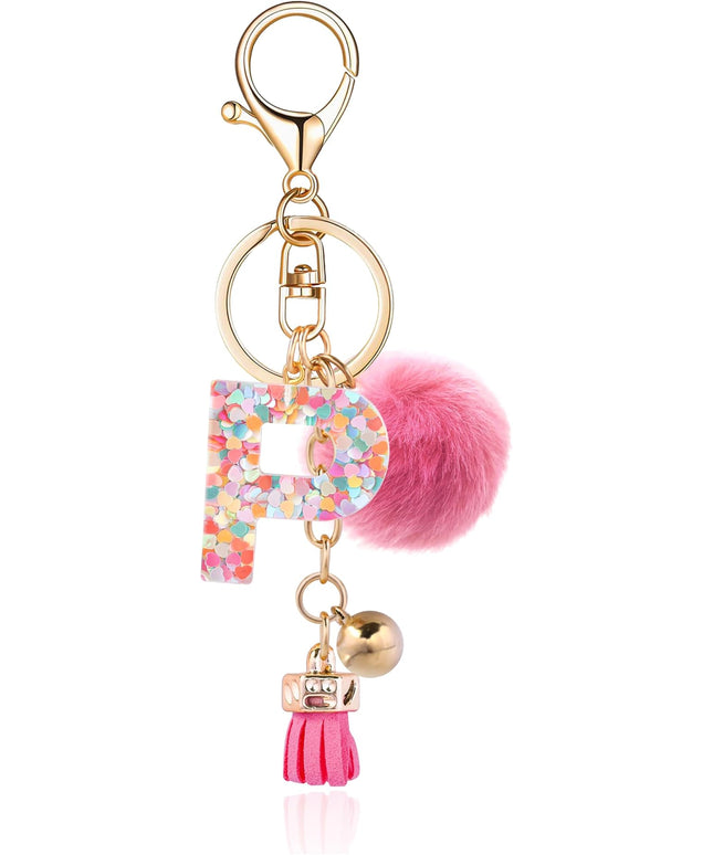 Resin Alphabet Initial Letter Keychain Keyring for Women Purse Handbags With Fur Ball Pom
