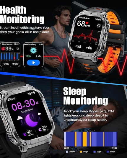 2.0" Military Smart Watch for Men with Flashlight, Make/Answer Calls, 1000mAh, IP68 Waterproof, 100+ Sport Modes Fitness Tracker for Workout Outdoor iOS Android Compatible, Black-Orange