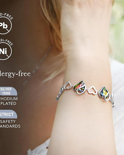 Leafael Infinity Love Heart Link Bracelets, Birthstone or Healing Stone Crystal Bracelet for Women, Silver Tone Jewelry Gifts for Her, 7-inch Chain and 2-inch Extender