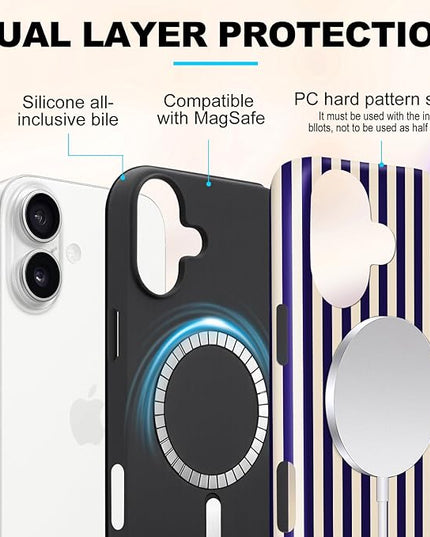 Magnetic for iPhone 16 Case Cute Stripes Phone Case, Shockproof Slim TPU and Hard PC Protective Phone Cover Compatible with MagSafe Designed for Women Girls, Deep Purple