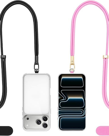 Dadanism Phone Lanyard 2 Pack, 2x Adjustable Crossbody Phone Strap, 2x Tether Tab, Anti-theft Universal Cellphone Multifuctional Patch Lanyards for iPhone & Most Smartphones, Black + Pink