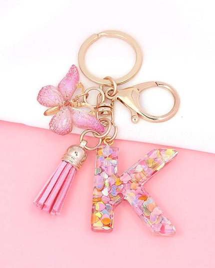 Fashion Alphabet Initial Letter Keychain Tassel Butterfly Pendant Key Ring for Purse Handbags Women Girl