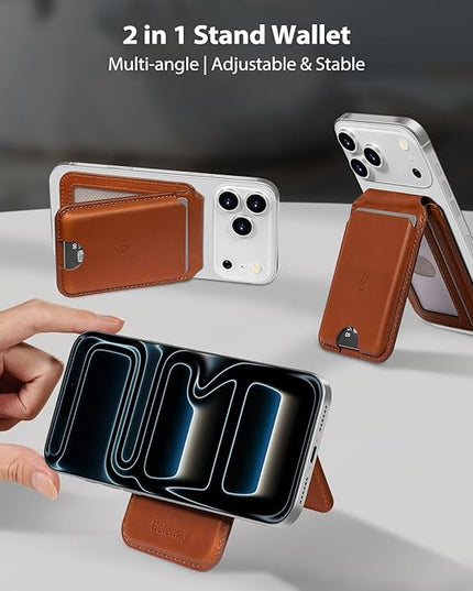 Belemay Strong Magnetic Wallet for MagSafe with Adjustable Stand, Full-Grain Leather Card Holder, Up to 5 Cards, RFID Blocking, Slim for iPhone 17/16/15/14/13/12 Series Men & Women - Saddle Brown