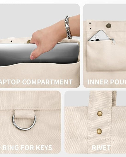 HOMESPON Large Canvas Tote Bag for Women Everything Bag with Pockets and Laptop Sleeve