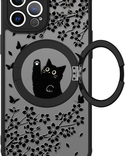 Cute Case for iPhone 12 Pro Max Case with Stand [ Compatible with MagSafe ] Kawaii Black Cat & Floral & Butterflies Pattern Design 360 Magnetic Ring Kickstand Phone Cover for Women Girls Boys