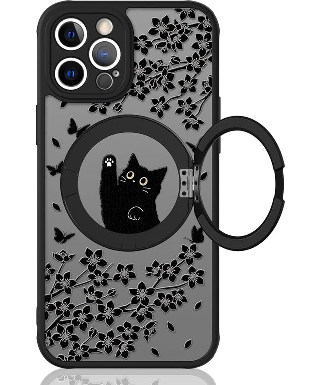 Cute Case for iPhone 12 Pro Max Case with Stand [ Compatible with MagSafe ] Kawaii Black Cat & Floral & Butterflies Pattern Design 360 Magnetic Ring Kickstand Phone Cover for Women Girls Boys