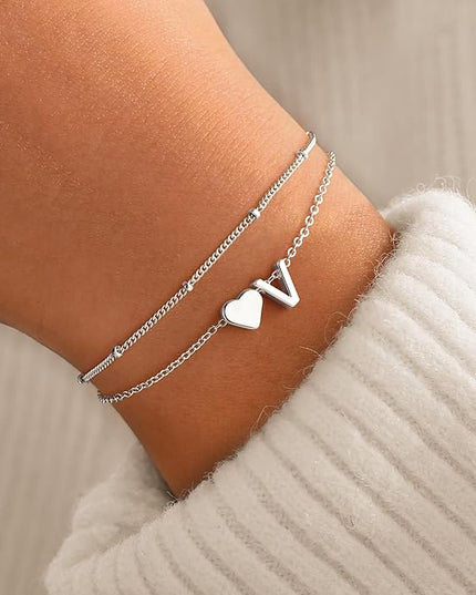 M MOOHAM Valentines Day Gifts for Kids Teen Girls -14K-Gold-Plated Heart Initial A-Z Bracelets for Women Girl Dainty Gold Bracelets Birthday Valentines Gifts for Women Her Teenage Girls Kid Teen Gift