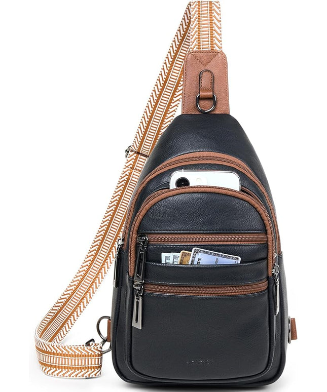 Sling Bag for Women Crossbody Fanny Pack Belt Bag Sling Purse Vegan Leather Trendy Travel Anti Theft Brown/Black