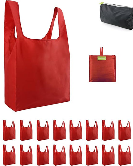 BeeGreen Christmas Red Reusable Shopping Bags Wholesale Reusable Grocery Bags Bulk Foldable-Machine Washable with Zipper Storage Pouch 20 Pieces