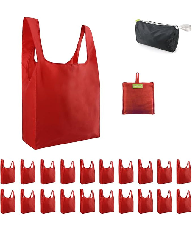 BeeGreen Christmas Red Reusable Shopping Bags Wholesale Reusable Grocery Bags Bulk Foldable-Machine Washable with Zipper Storage Pouch 20 Pieces