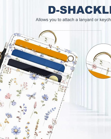 Slim Wallet Credit Card Holder, White And Purple Floral Print, RFID Wallet Women Cute Small Front Pocket Wallet With Zipper, PU Leather Thin travel RFID Blocking Card Case ID Window ,Ladies Gifts
