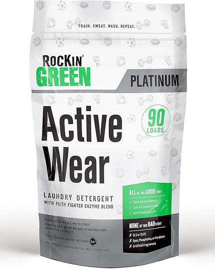 Rockin’ Green Active Wear Laundry Detergent - Unscented Laundry Detergent Powder & Odor Eliminator - Workout Clothes & Sportswear - Safe for Sensitive Skin - 90 Loads