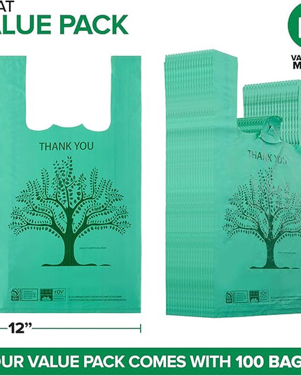 100 Pack Thank You Bags Disposable Eco Grocery T-Shirt Bag with Handles for Supermarket, Groceries, Produce, Shopping, Trash, Small Commercially Compostable Baggies Bulk