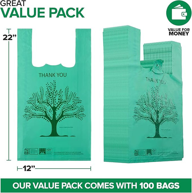 100 Pack Thank You Bags Disposable Eco Grocery T-Shirt Bag with Handles for Supermarket, Groceries, Produce, Shopping, Trash, Small Commercially Compostable Baggies Bulk
